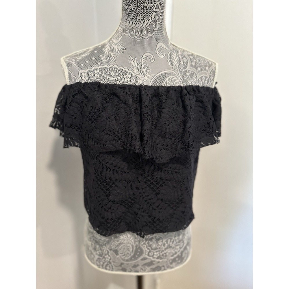 Guess Boho Sasha Off-The-Shoulder Lace Crop Blouse Sz: M Black Ruffle Nylon